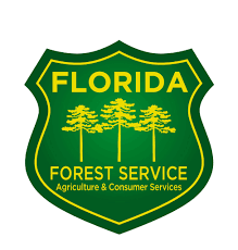 Green Florida Forest Service shield logo. It features yellow text that says "Florida" in all caps along the top. Underneath that, there are three pine trees. Below that is the text "Forest Service, Agricultural & Consumer Services"